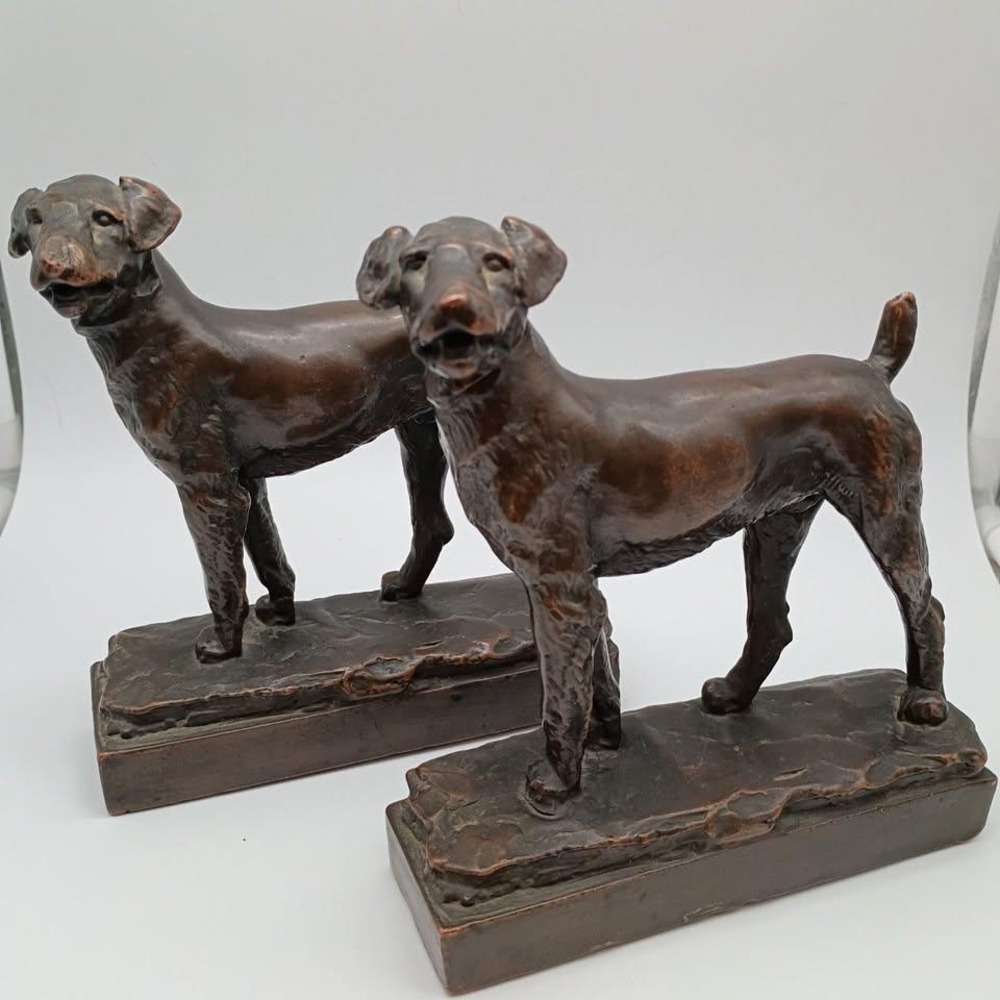 1920s Paul Herzel Pompeian Bronze Airedale Dog Bookends #164 Clad Art Deco Pair